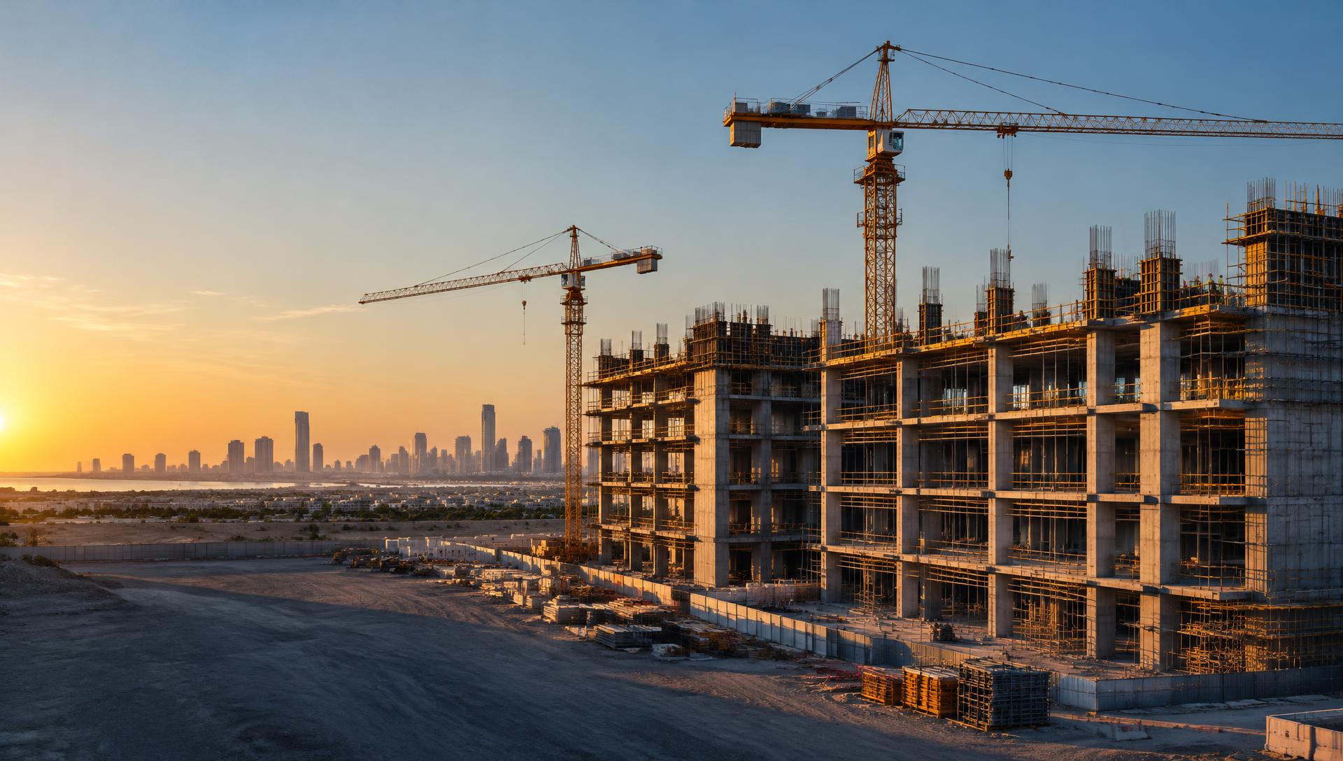 Multi-storey building under construction with tower cranes at sunset